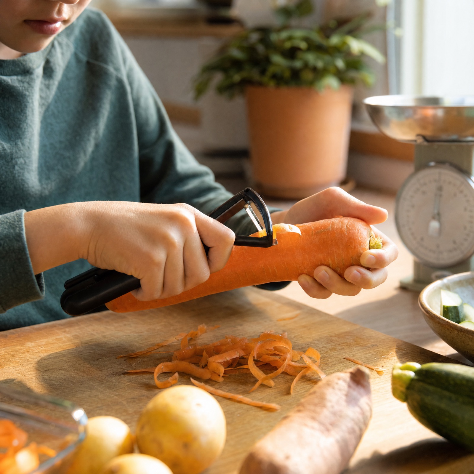 Mains d'enfant épluchant une carotte